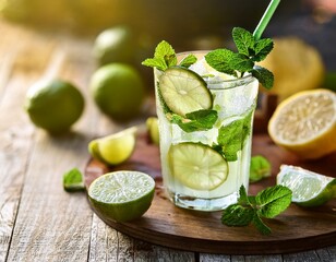 refreshing lemon lime mojito with mint and lime slices in natural light