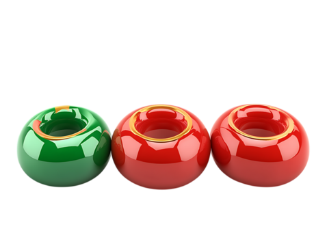 Three shiny spherical objects with gold rims isolated on transparent background