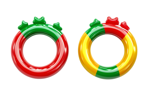 Two colorful inflatable rings with star shapes on top isolated on transparent background