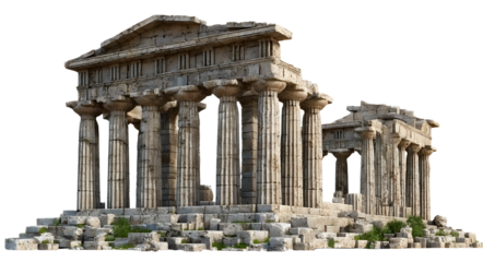 Majestic ancient Greek temple ruins with imposing columns and a crumbling pediment, on a transparent background