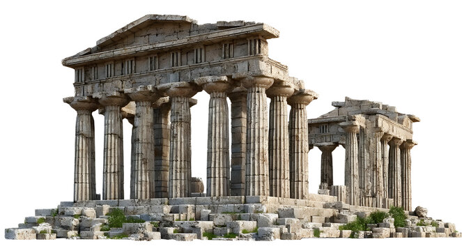 Majestic ancient Greek temple ruins with imposing columns and a crumbling pediment, on a transparent background - Powered by Adobe
