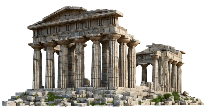 Majestic ancient Greek temple ruins with imposing columns and a crumbling pediment, on a transparent background - Powered by Adobe