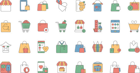 A vibrant set of shopping icons and symbols