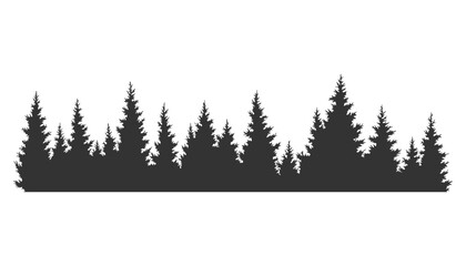 Fototapeta premium Fir trees silhouette. Coniferous spruce horizontal background pattern, black evergreen woods vector illustration. Beautiful hand drawn panorama of coniferous forest