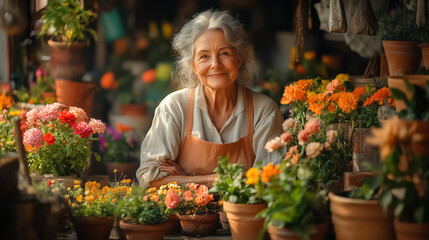 Cheerful Senior Woman Gardening with Flowers