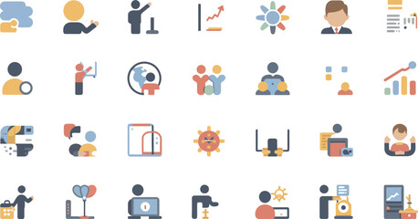 Diverse icons illustrating business concepts, teamwork, and communication