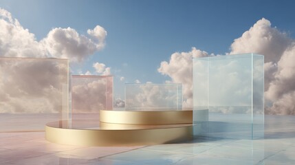 Pastel glass and gold podiums against a dreamy sky backdrop