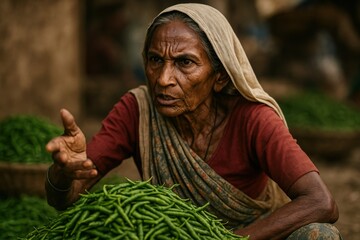 Elderly Indian Woman Selling Vegetables, Market Vendor Portrait