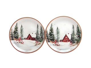 Two christmas plates with a winter barn and tree scene isolated on transparent background