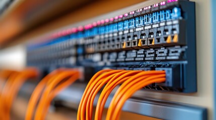 Close-up of orange cables connecting to a black electrical panel
