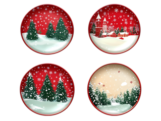 Four circular christmas plates with winter scenes isolated on transparent background