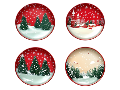 Four circular christmas plates with winter scenes isolated on transparent background