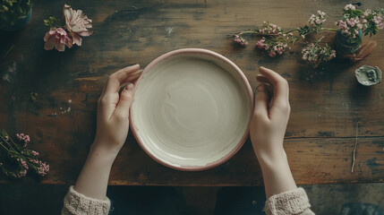 Rustic flatlay ceramic plate hands holding floral styling vintage table natural mockup background branding display boho soft aesthetic cottagecore handmade craft product design concept feminine