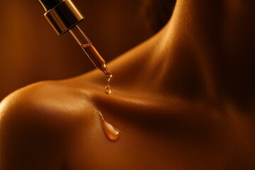 Essential Oil Dripping on Shoulder, Glowing Skin Closeup