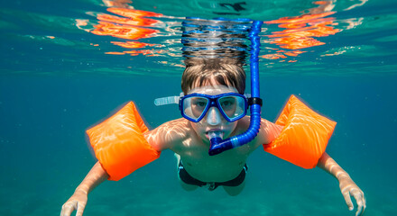 Underwater shot of a boy snorkeling with orange arm floaties and diving mask in clear blue sea.