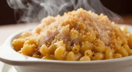 Gooey mac and cheese with browned breadcrumb topping, steam rising softly, side table view