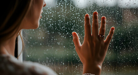 Close-up of a hand touching a rain-covered window, with a blurred outdoor view and emotional mood.