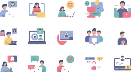 Diverse icons showcase online teamwork and communication