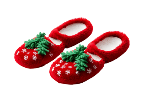 Cozy red christmas slippers with snowflakes and green tree decorations isolated on transparent background