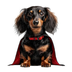Adorable Dachshund wearing a Dracula inspired cape posing against a clean white background