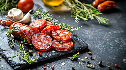 Sliced chorizo sausage with garlic and rosemary on dark slate background