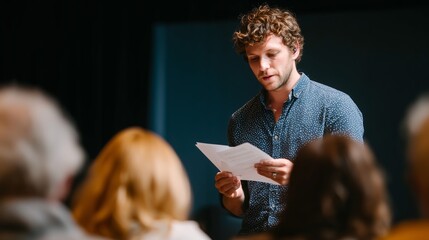 Young man presents his creative work to an attentive audience during a local community event in the evening