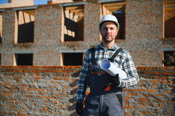 An architect or engineer on the construction of brick houses holds the construction plan in his...