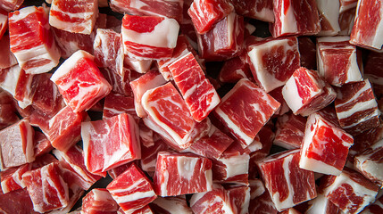 Pile of diced raw pork belly with marbling on a dark surface
