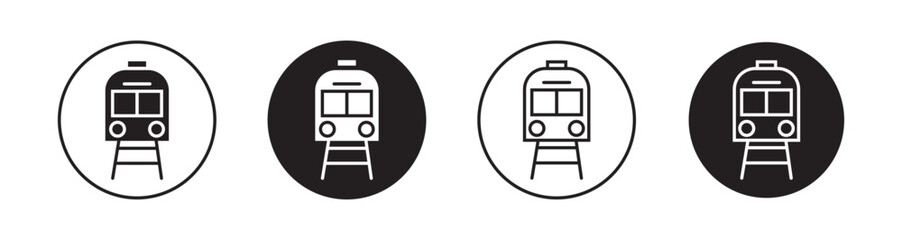 Fototapeta premium Train icons in black and blue set. Minimalist train front view icon in black outline on white background