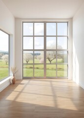 Fototapeta premium An empty living room with a large and bright window with a spring landscape view Empty room interior design architecture blank design room