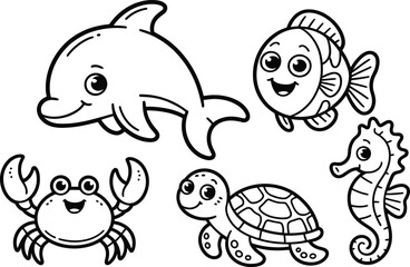 Cute cartoon black and white outline drawing of sea creatures for coloring