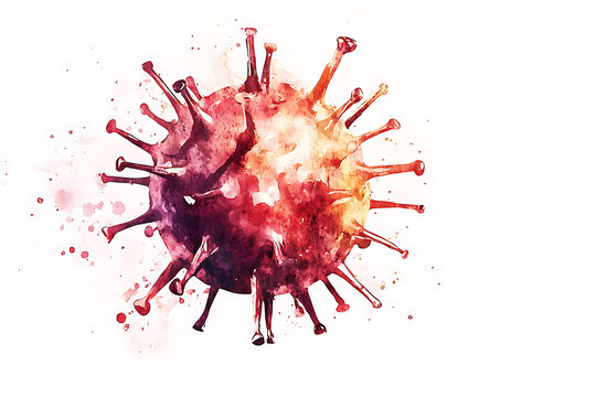 Watercolor rendering of a virus particle with spikes on a white background