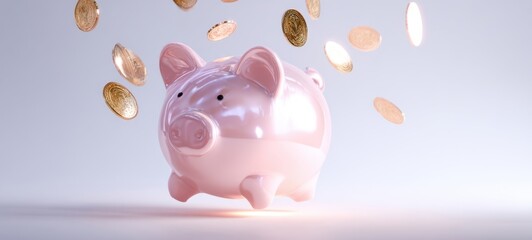 The piggy bank surrounded by falling coins creating a wealth concept.