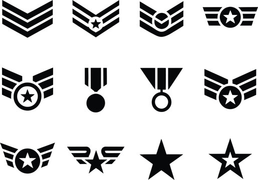 Collection of black military insignia badges and stars - Powered by Adobe