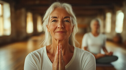 Smiling Senior Woman Practicing Yoga with Partner

