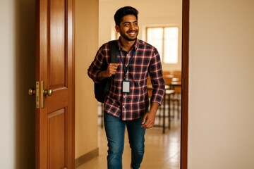 Indian College Boy Entering Hostel, Confident First Day