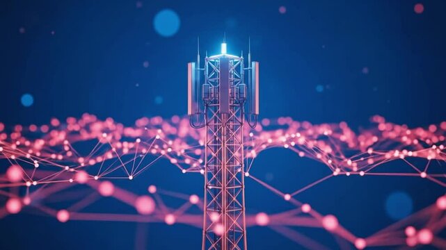 A telecommunication tower stands tall amidst a network of digital connections, symbolizing modern wireless technology and global communication infrastructure
