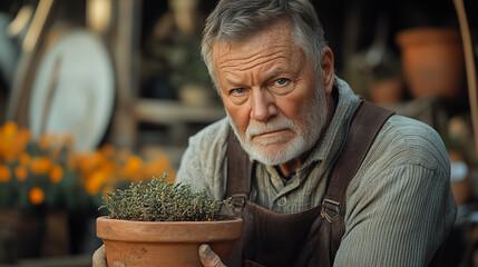 Senior Man Tending to Plants in a Garden