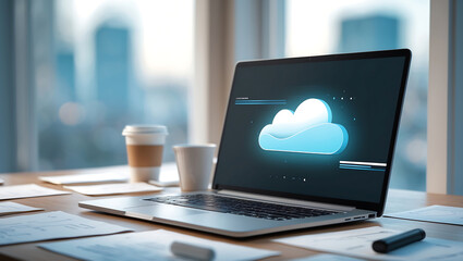 Modern laptop displaying a cloud icon representing cloud computing technology and data storage
