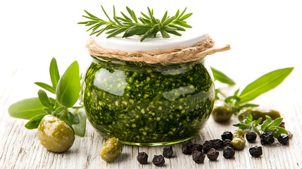 Green pesto in a jar with rosemary, sage, olives and peppercorns on a white wood surface