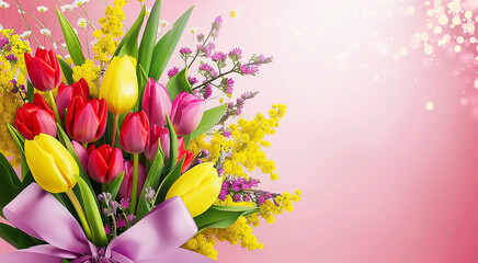 Beautiful greeting bouquet of red tulips and yellow mimosa, tied with a bow, on a pink background