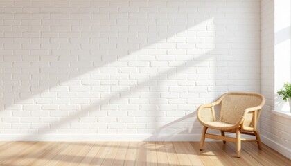 Bright and airy interior featuring a rattan chair against a white brick wall with natural sunlight streaming in