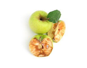 Spoiled and good apples isolated on white, top view