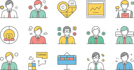 Colorful icons illustrating business people and processes