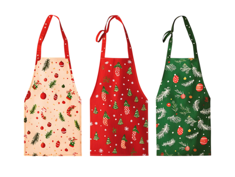 Three festive christmas aprons with holiday patterns isolated on transparent background