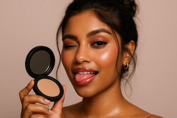 Indian Woman Holding Compact Powder, Beauty Makeup Portrait