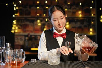  Professional female bartender preparing alcoholic drinks in a bar