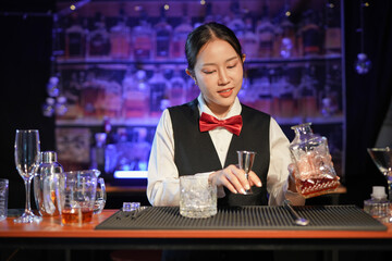 Professional female bartender preparing alcoholic drinks in a bar