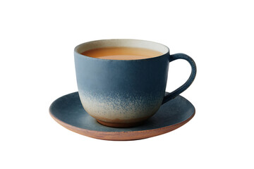 A steaming cup of tea in a stylish blue teacup and saucer.