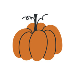 Simple hand-drawn pumpkin illustration with bold lines and a curly stem on white background—ideal for autumn, Halloween, or Thanksgiving designs.